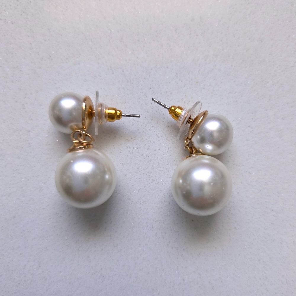 White Faux Pearl Double Drop Earrings Gold Tone Post Back Dangle Jewelry